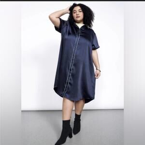 Wildfang The Empower Satin Short Sleeve Satin Navy Blue Shirt Dress Size XS NWT